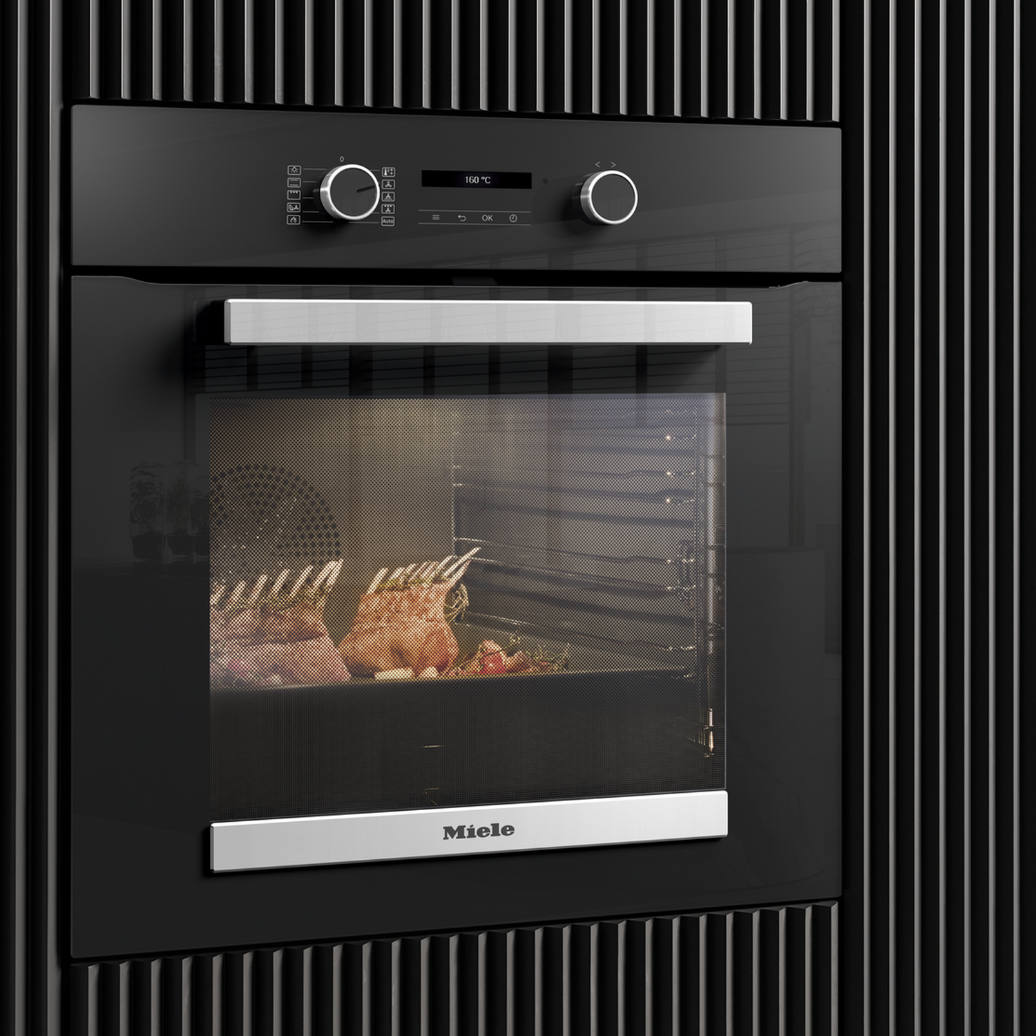 A black oven with two racks of lamb on a baking tray inside.