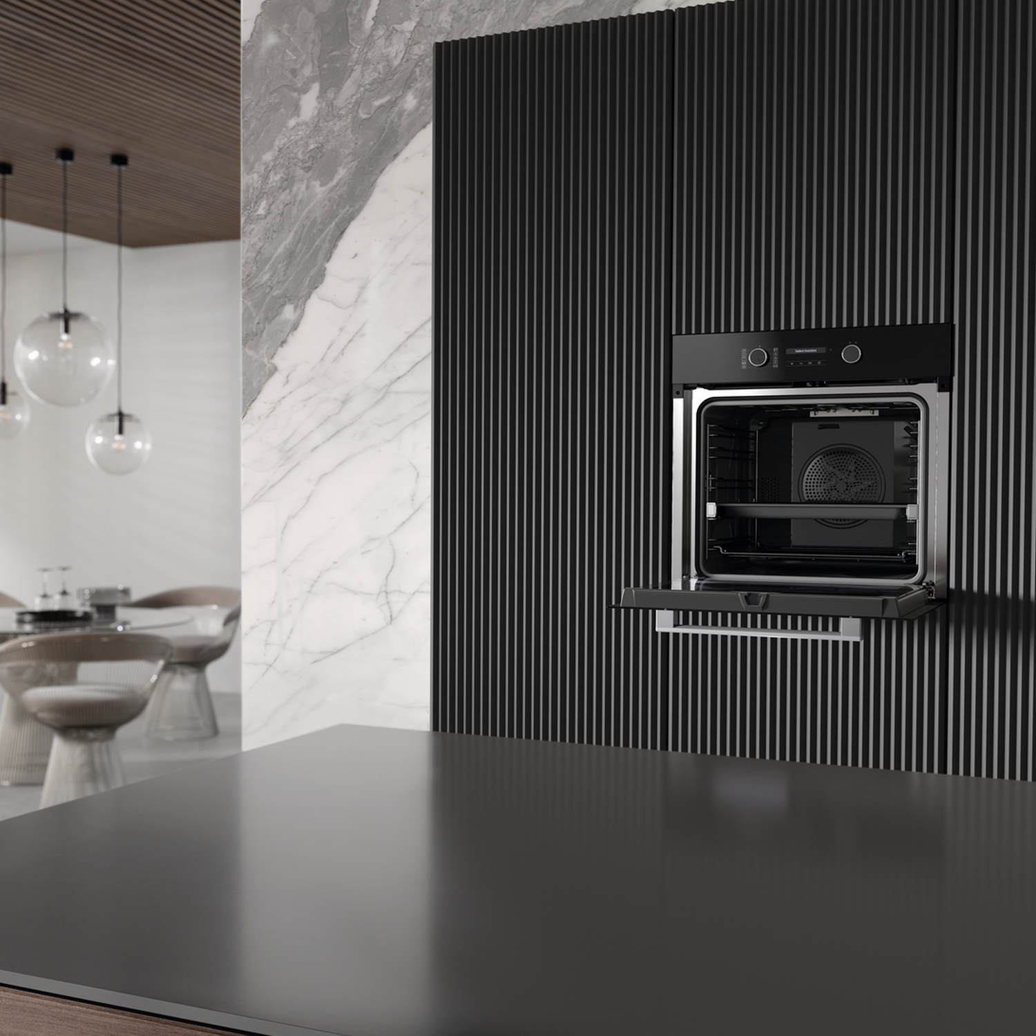 A modern oven with open door, vertical black paneling, marble, and dining area.
