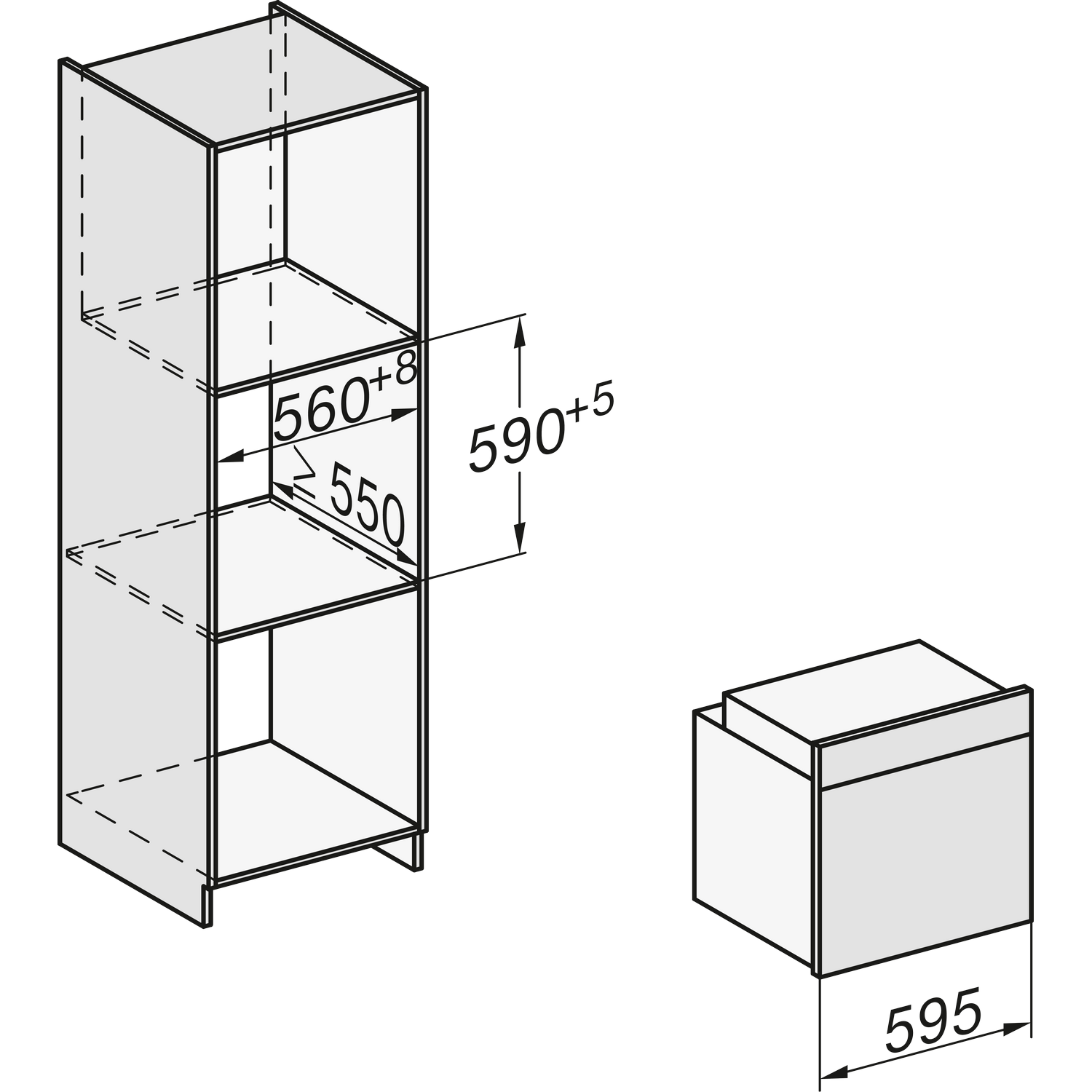 Technical drawing of a built-in cabinet with dimensions and a separate appliance.