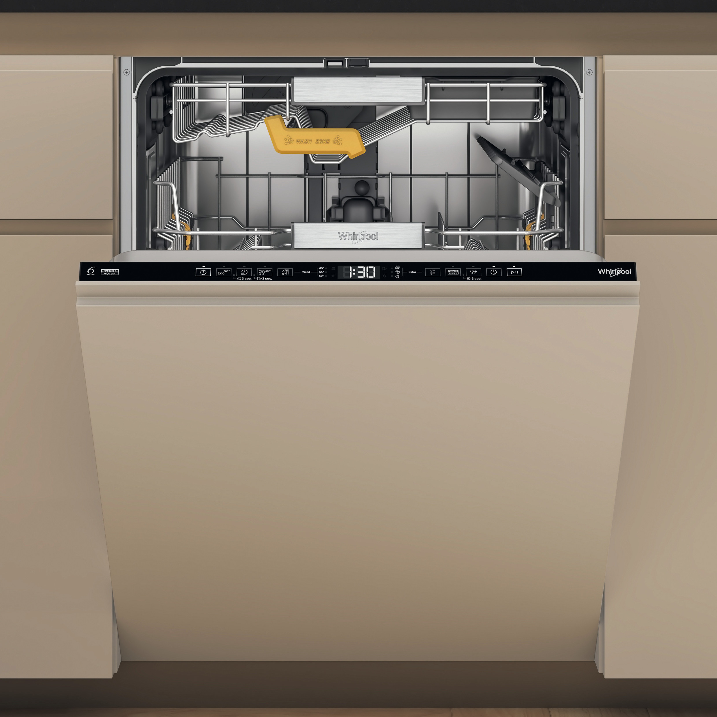 WHIRLPOOL W8I HT58 TS Teljesen integrálható mosogatógép, B, SpaceClean, 6. Érzék technológia, PowerClean Pro, NaturalDry
