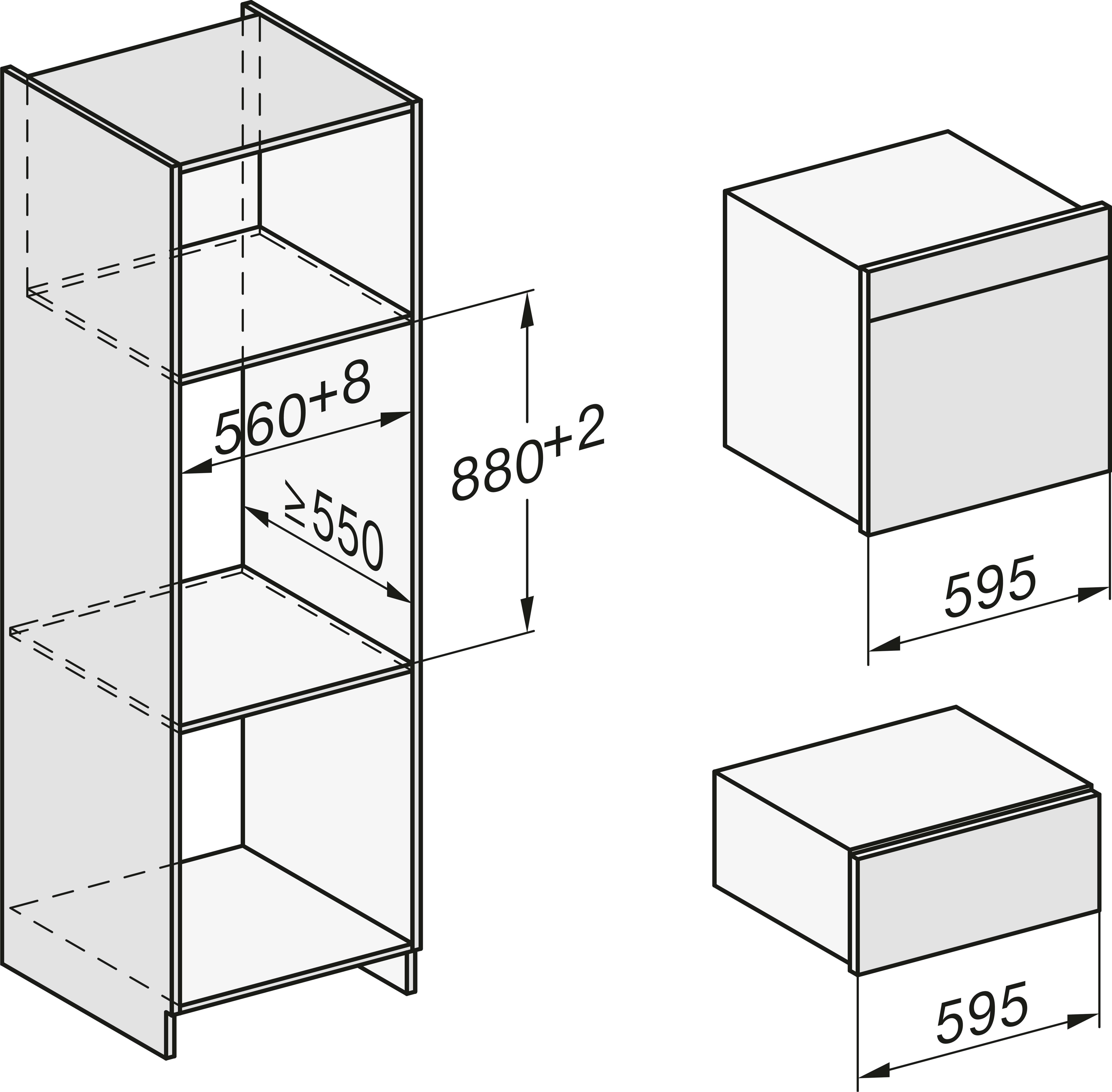 Diagramm eines Einbauschrankes mit Abmessungen, das die Platzierung von Mikrowelle und Backofen zeigt.