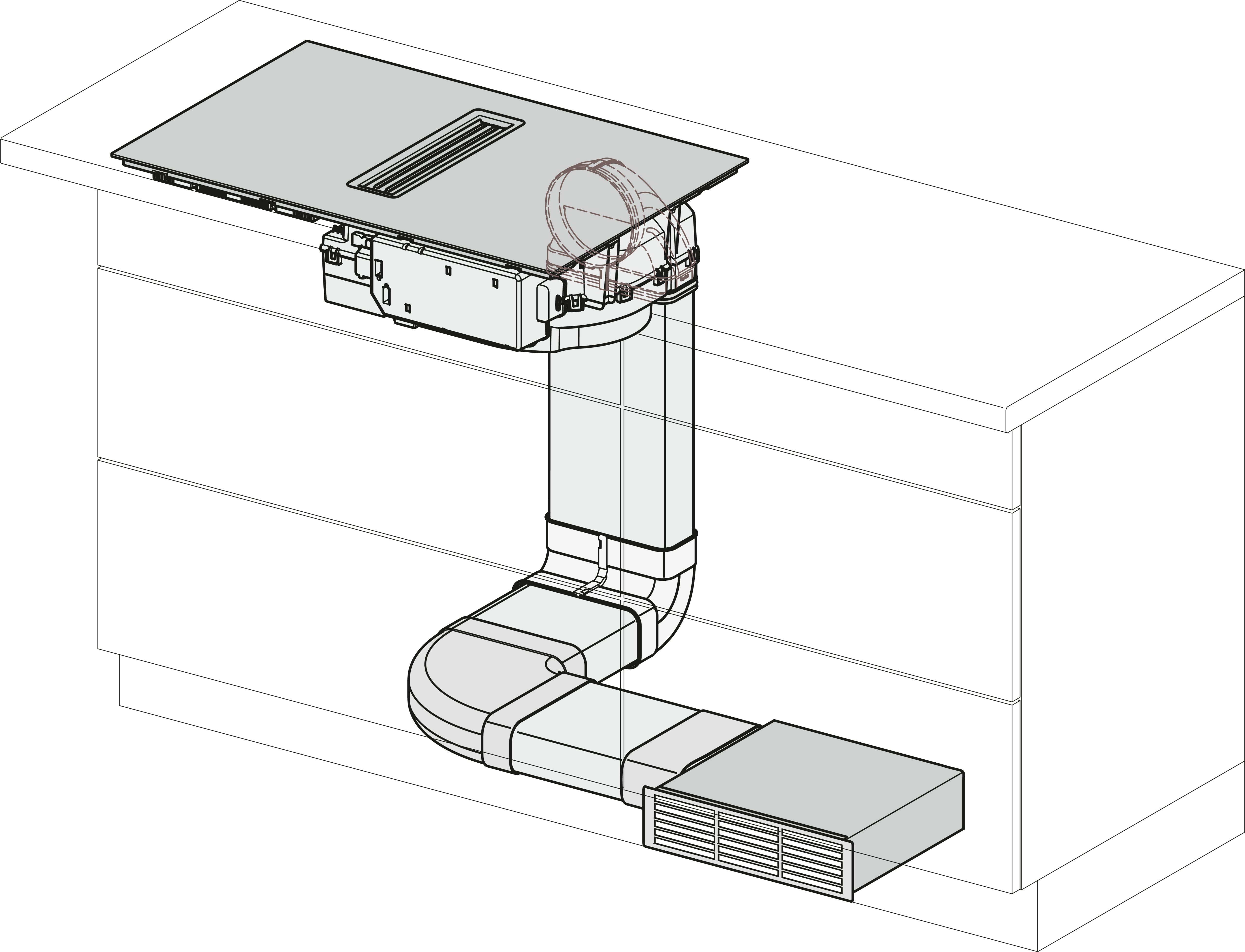 Installationsdiagramm für Küchenabzugshaube mit Luftkanälen und Lüftungsöffnungen.