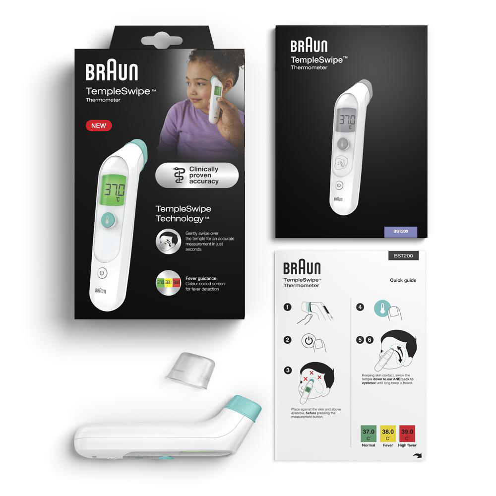 Ein Braun TempleSwipe Thermometer, Verpackung und Kurzanleitung. Das Thermometer zeigt die Temperatur.