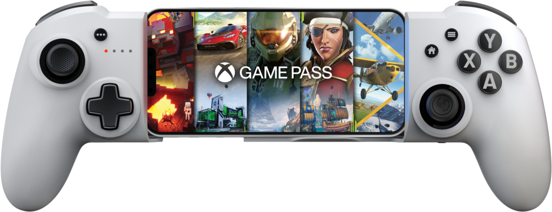Egy fehér vezérlő, amely egy okostelefont tart, amely Xbox Game Pass játékokat jelenít meg.