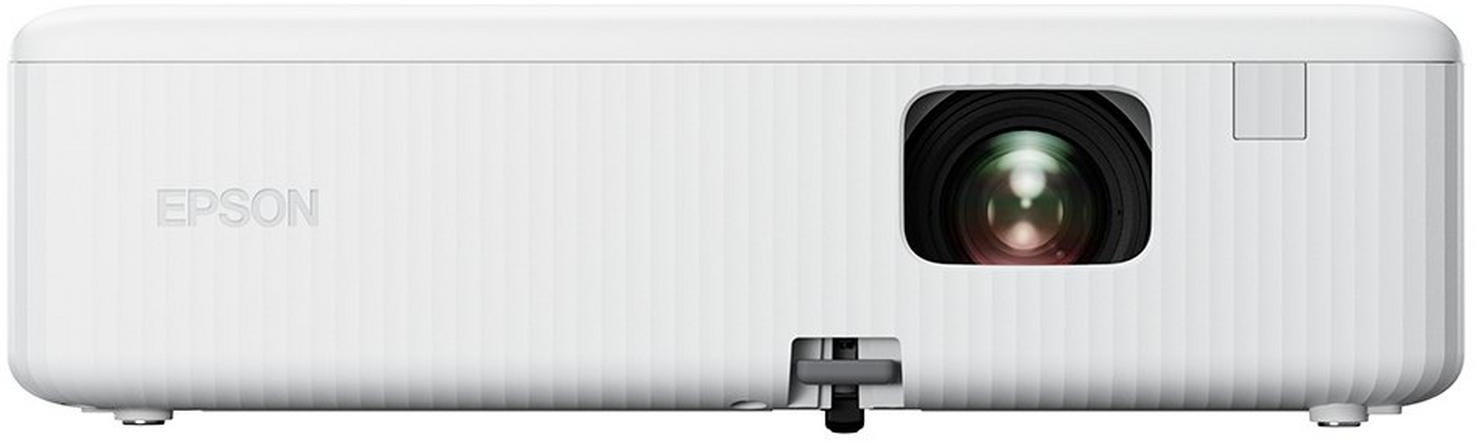 Weißer Epson-Projektor, Vorderansicht. Hat ein Objektiv, das Epson-Logo ist sichtbar.