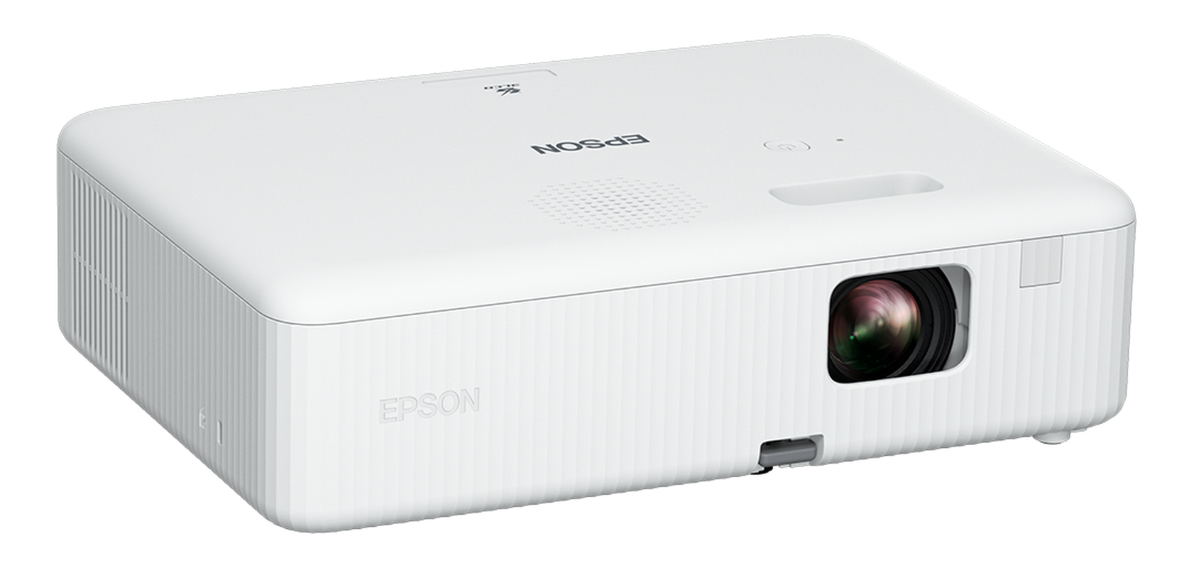 Weißer Epson-Projektor mit Linse und Lautsprechergitter. Auf schlichtem Hintergrund.