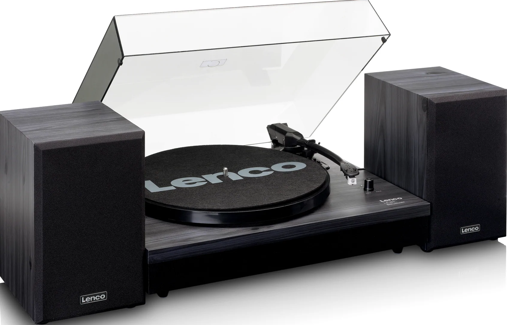 Platine vinyle avec enceintes. Platine vinyle avec un disque noir et deux enceintes gris foncé sur les côtés.