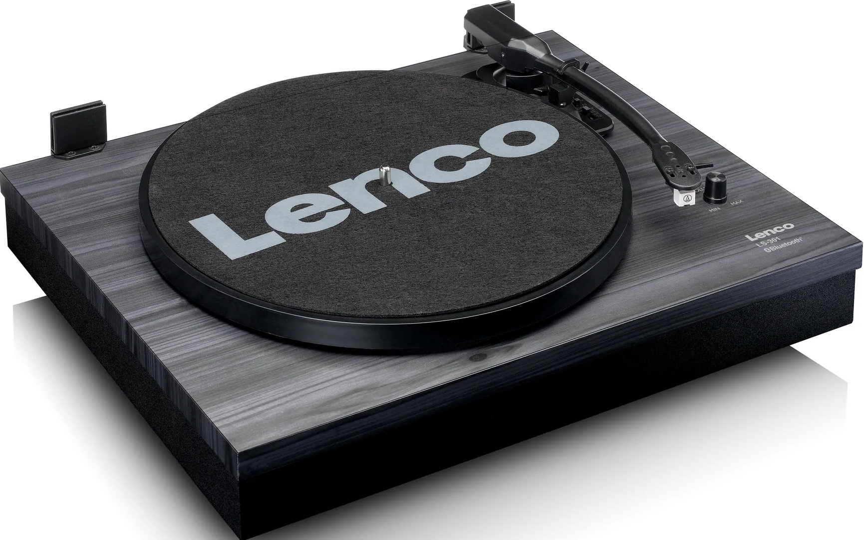 Une platine vinyle Lenco, noire et grise. Elle a un disque rond gris et du texte argenté.