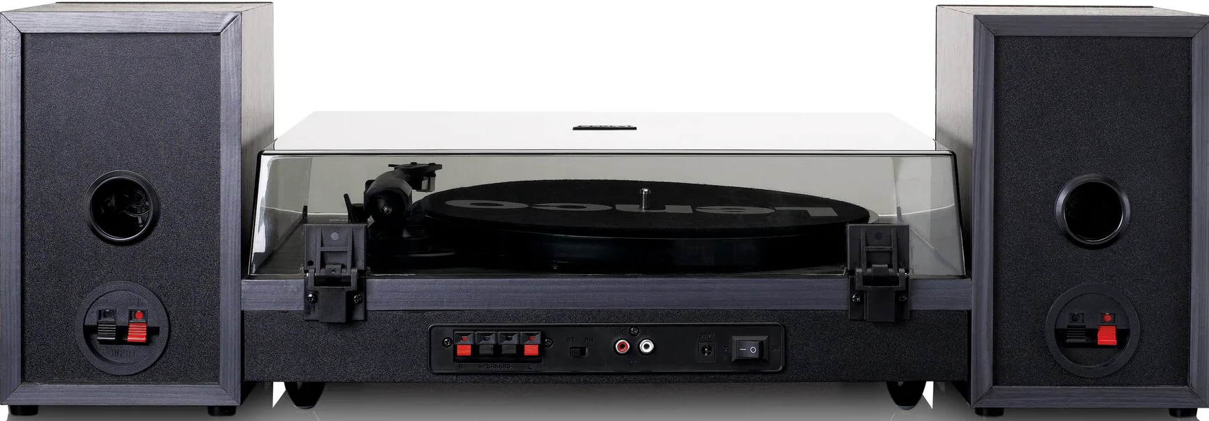 Un système stéréo avec deux haut-parleurs et une platine. Les haut-parleurs sont gris foncé, la platine est noire.