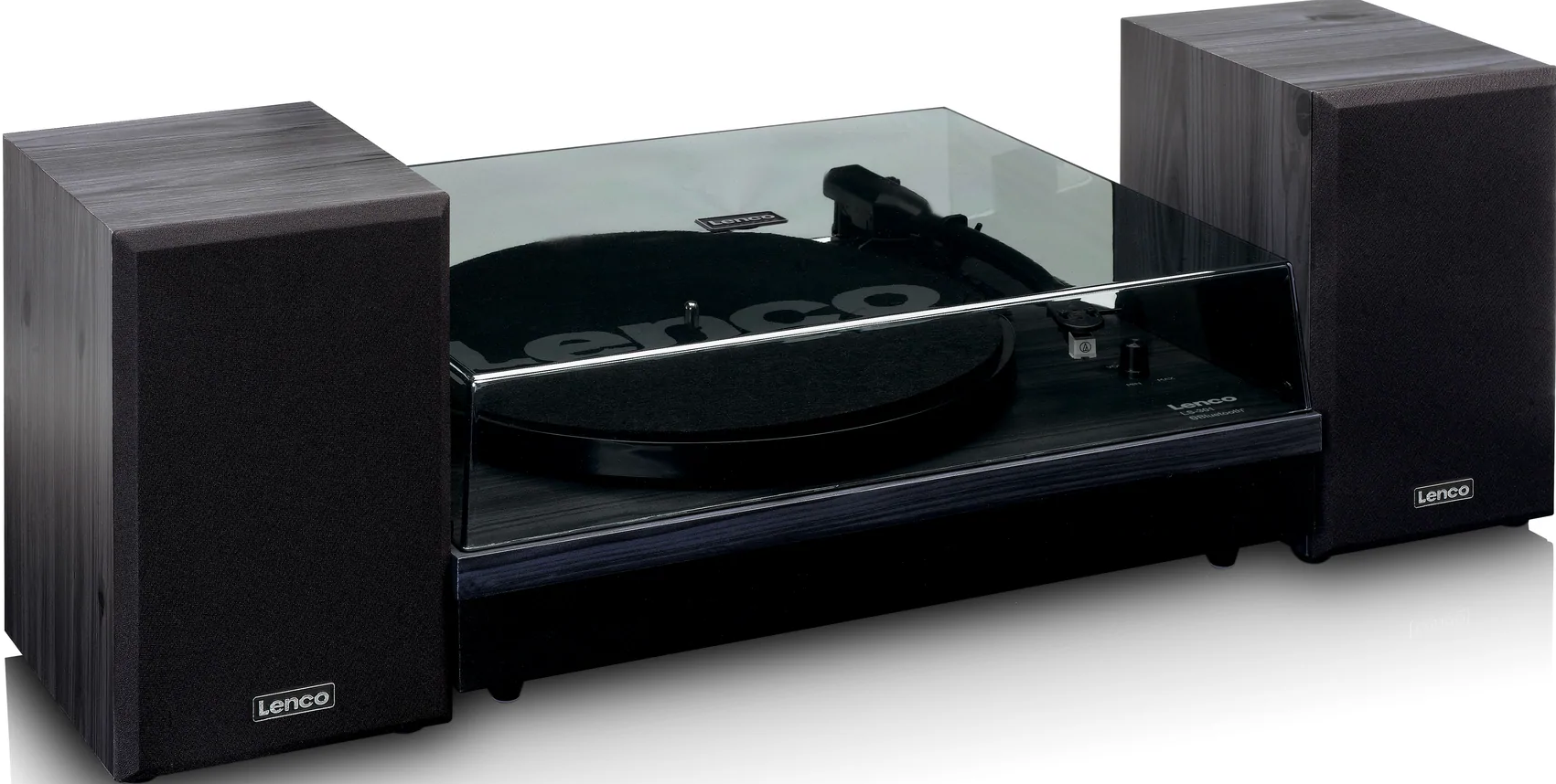 Platine vinyle Lenco noire avec deux enceintes noires de chaque côté. Noir.