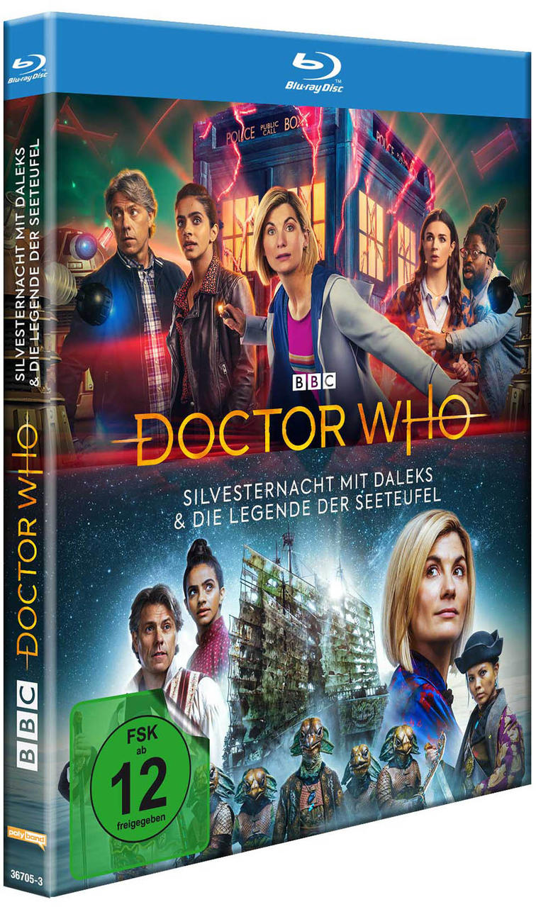 Doctor Who Blu-ray-Cover mit mehreren Charakteren und einer TARDIS, Text in zwei Sprachen.