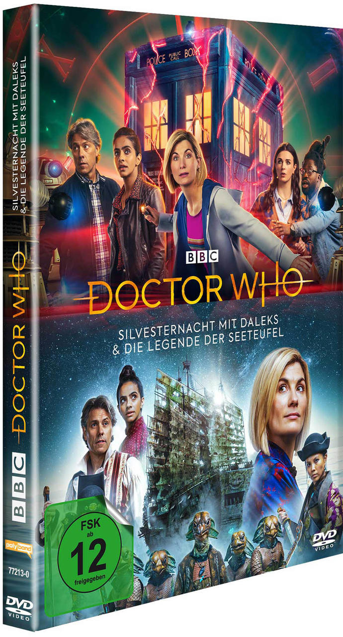 Eine DVD-Hülle mit dem Titel "Doctor Who", mit Bildern von Schauspielern und dem BBC-Logo.