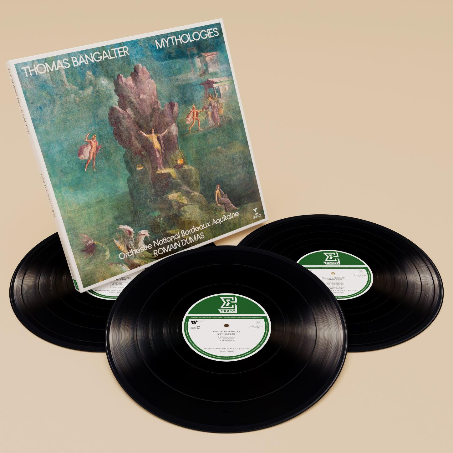 Schallplatten und Albumcover. Das Cover zeigt ein Gemälde einer Statue und Figuren.