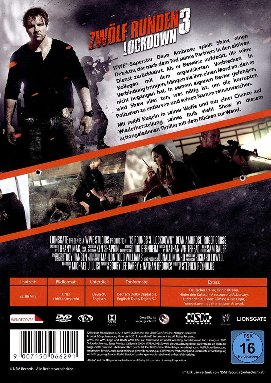 DVD-Cover für "12 Rounds 3: Lockdown". Zeigt Dean Ambrose und andere in einer Actionszene. Text auf Deutsch.