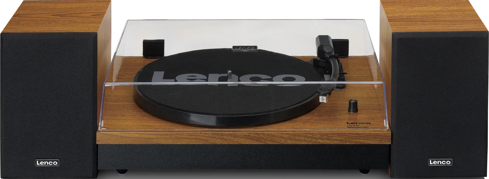 Une platine vinyle avec finition grain de bois, couvercle transparent et deux haut-parleurs noirs de chaque côté.