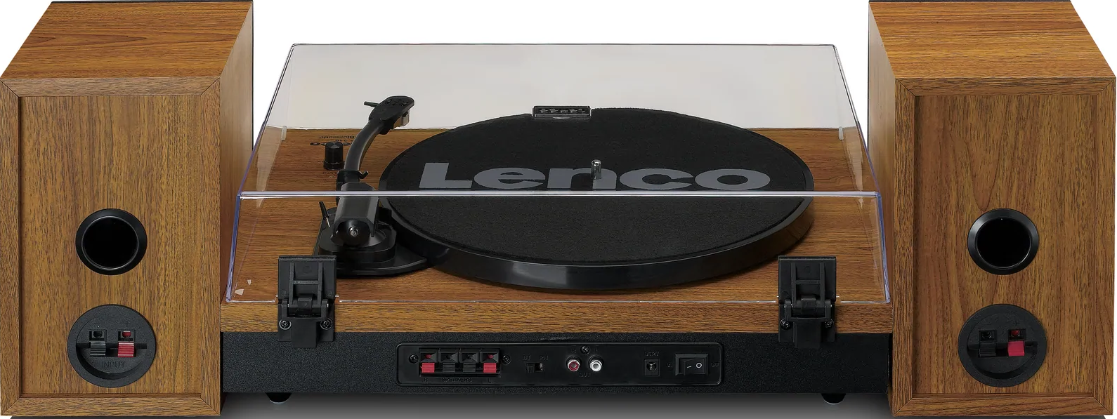 Platine vinyle avec deux haut-parleurs sur les côtés. Le logo Lenco est visible sur la platine.