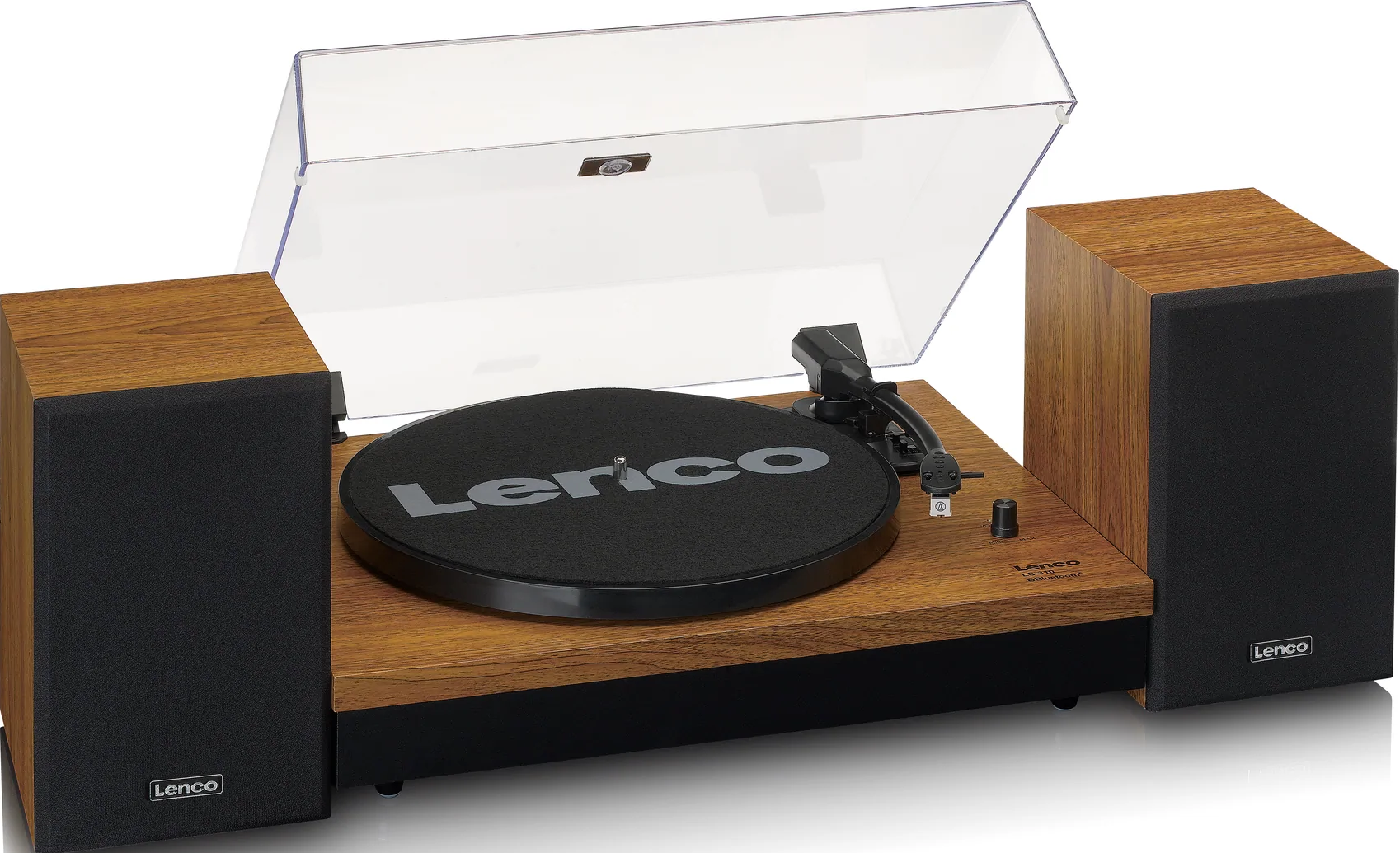 Platine vinyle Lenco en bois avec enceintes. La platine a un plateau noir et des commandes.