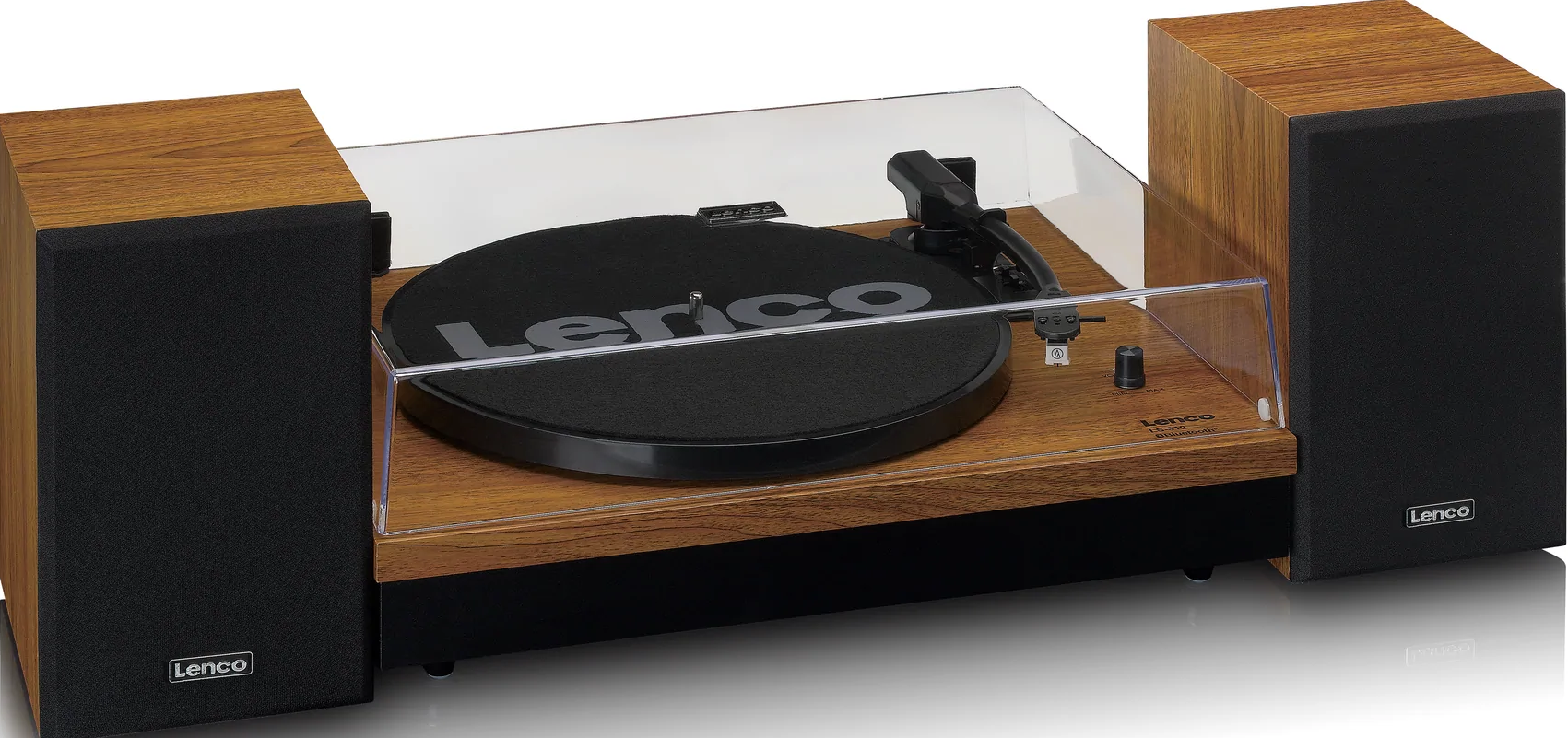 Une platine vinyle aspect bois avec des enceintes de chaque côté. Un couvercle transparent est dessus.