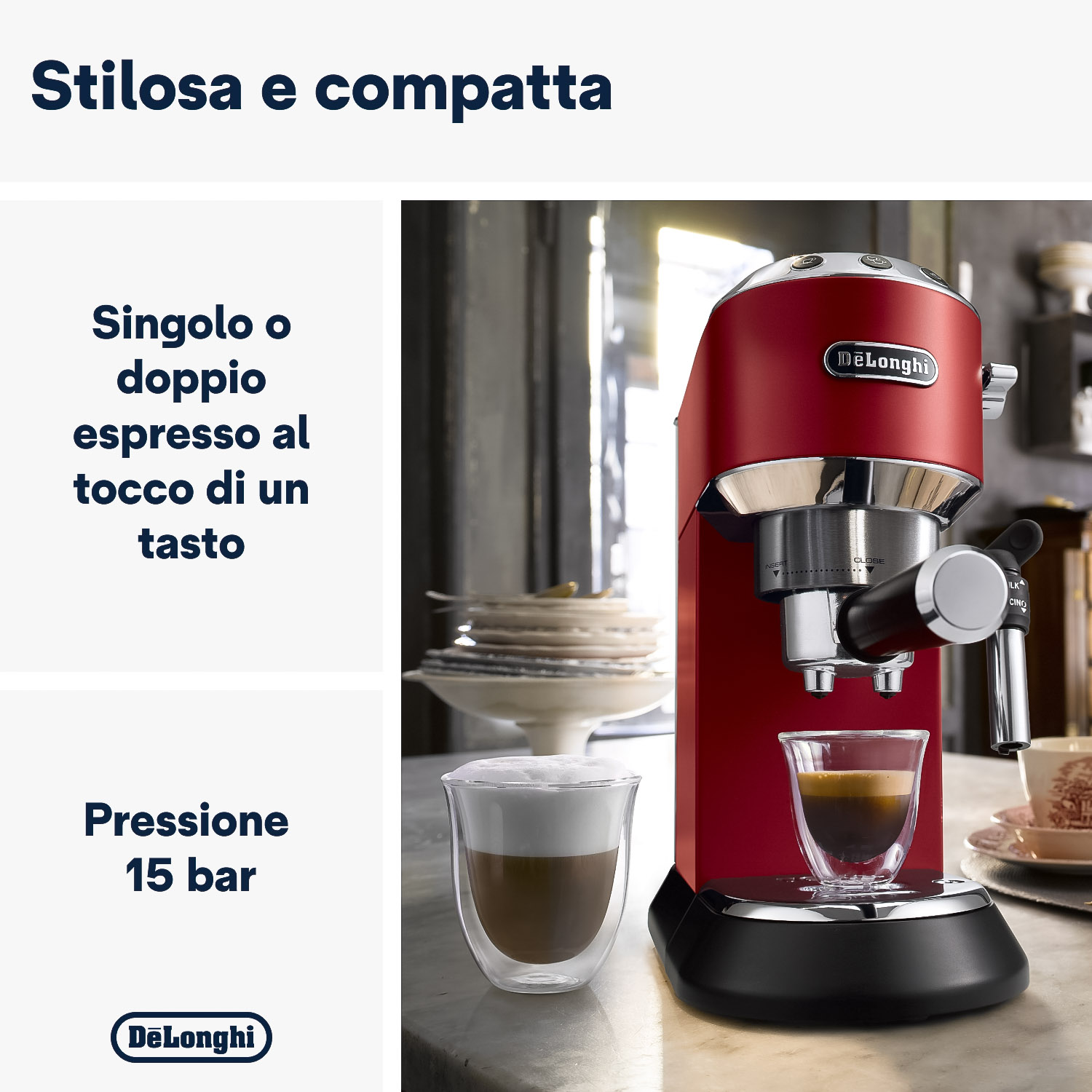 Macchina per espresso DeLonghi rossa con due bicchieri.
