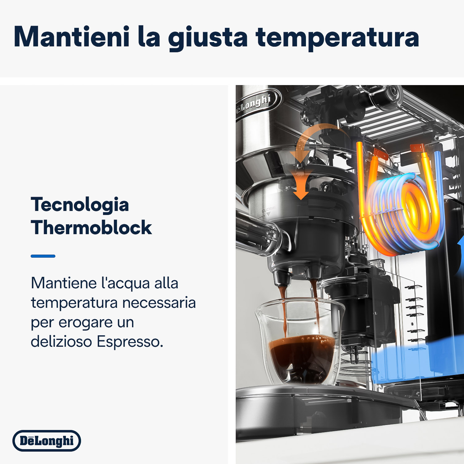 Macchina da caffè con il testo 'Tecnologia Thermoblock' e un primo piano del caffè che esce.
