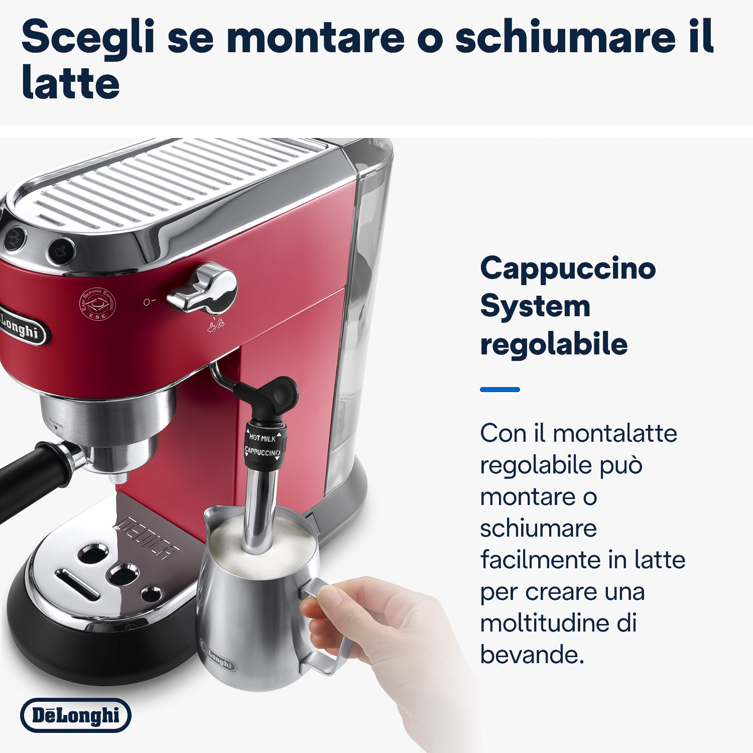 Macchina per espresso rossa con montalatte, mano che tiene la lattiera, testo sul sistema cappuccino.