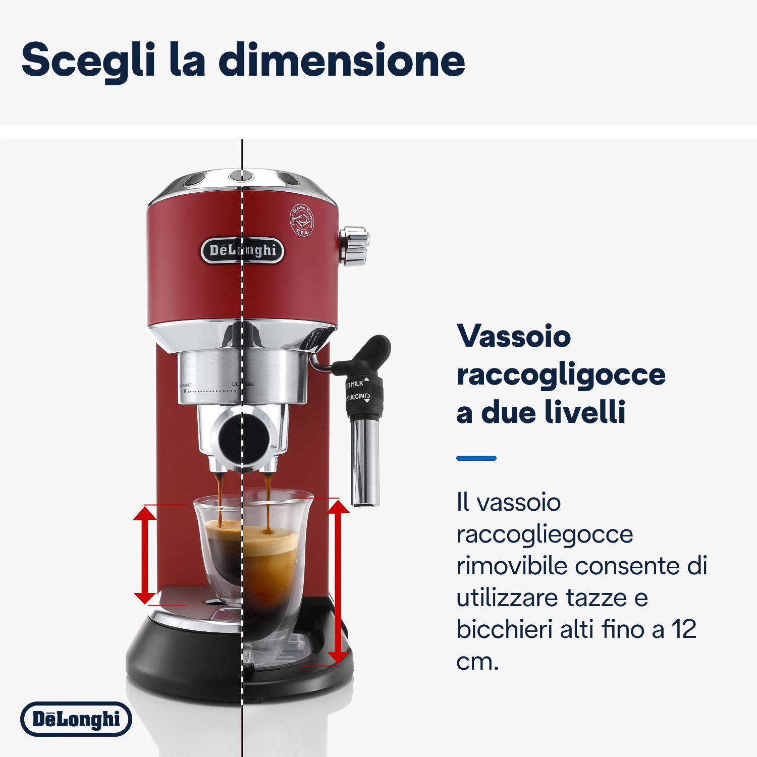 Una macchina per espresso rossa con una tazza che si riempie di caffè, che mostra il vassoio regolabile.