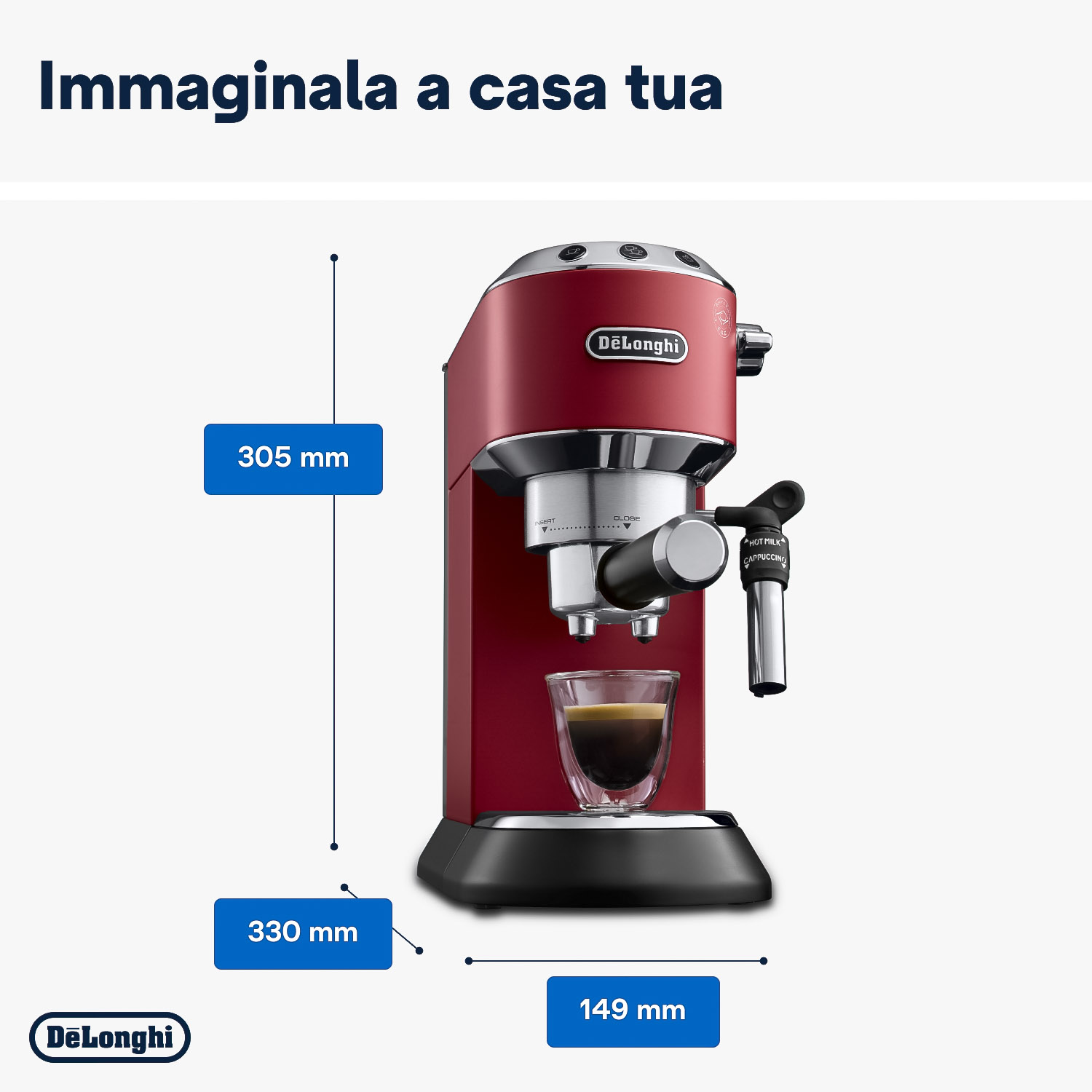 Macchina per espresso rossa con un bicchiere di caffè e dimensioni indicate.