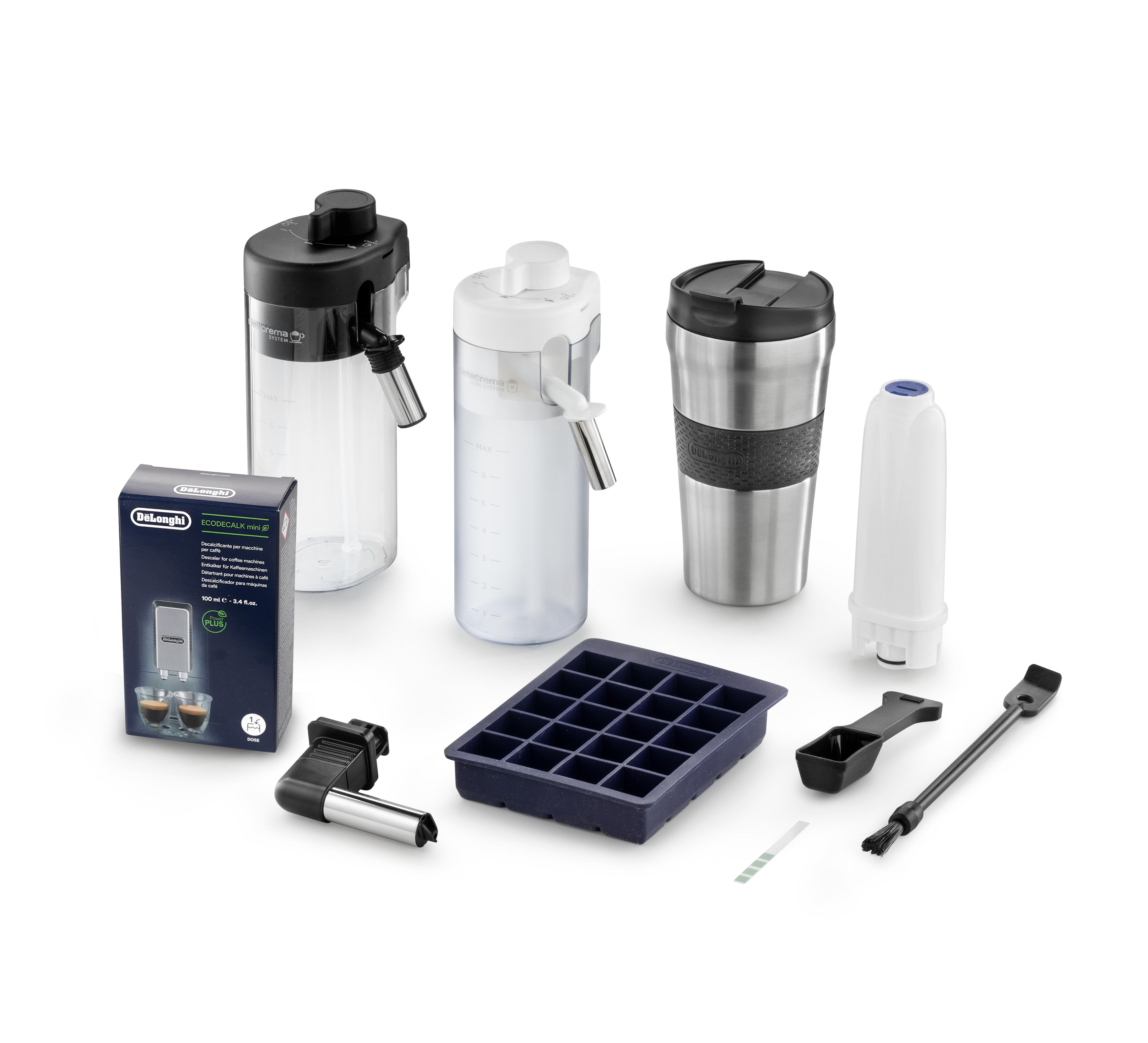 Verschiedenes Delonghi Kaffeezubehör. Enthält Behälter, Tassen, Eiswürfelschale, Messlöffel, Filter und mehr.