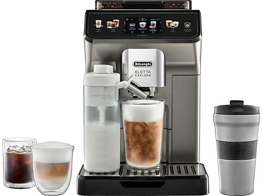 DE LONGHI ECAM450.86.T  Eletta Explore Cold Brew Kaffeevollautomat (Titan, Kegelmahlwerk, 19 bar, externer Milchbehälter)
