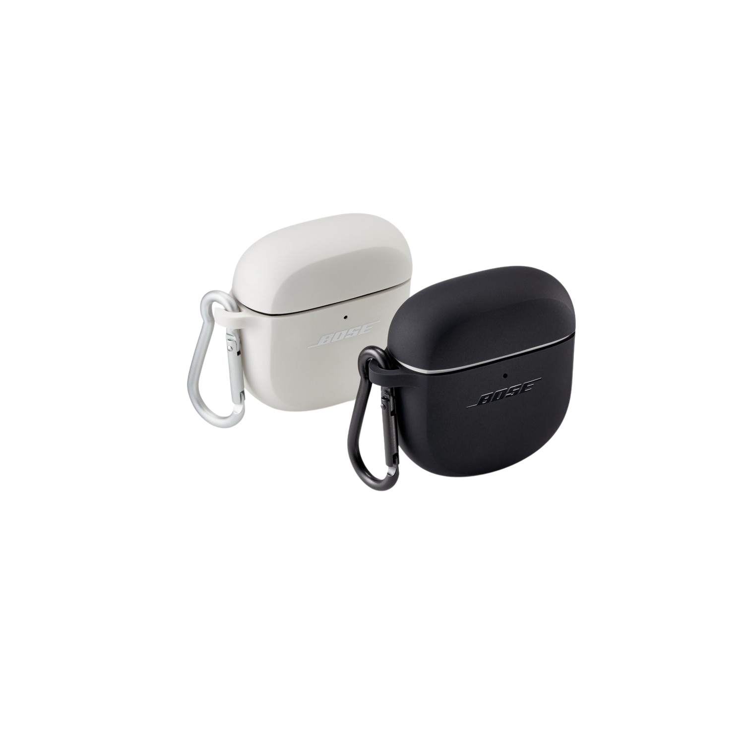 Twee Bose oordopjes cases, wit en zwart. Elk met een karabijnhaak.