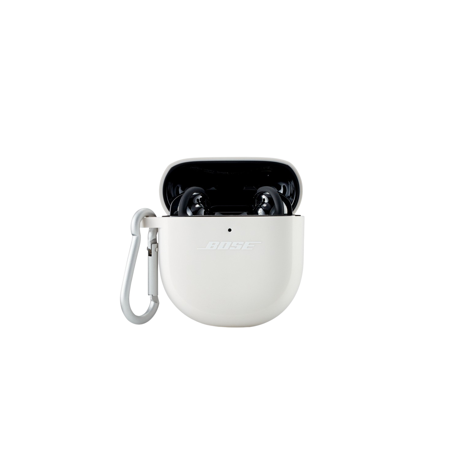 Witte Bose oordopjes in een open etui met karabijnhaak, tegen zwarte achtergrond.