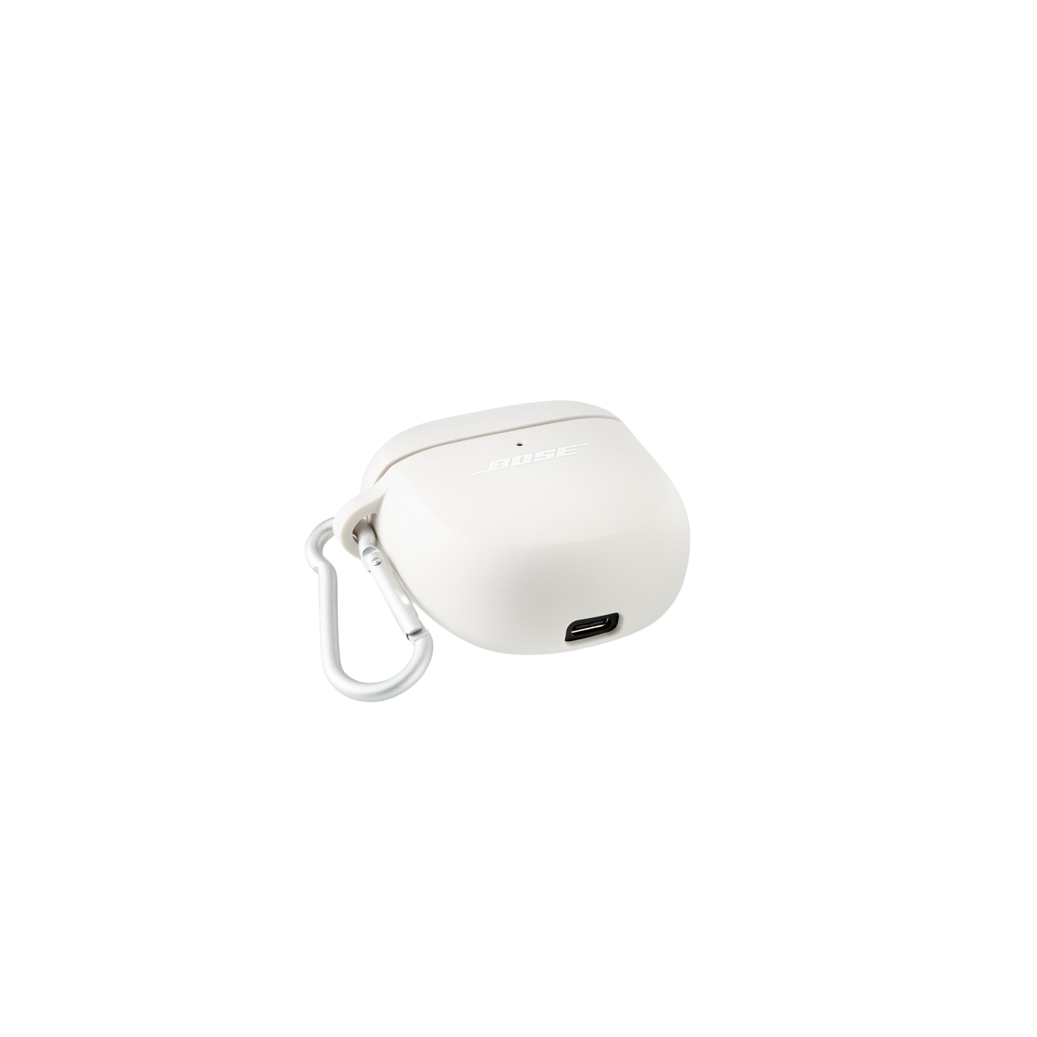 Een witte Bose oortelefooncase met een zilveren clip, geïsoleerd op zwarte achtergrond.