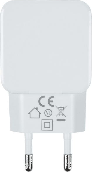 White power adapter with two pins, showing a CE mark and other symbols.