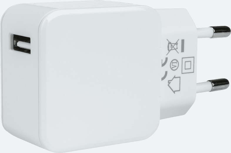 White USB charger with prongs, isolated against a light background, with a USB port visible.