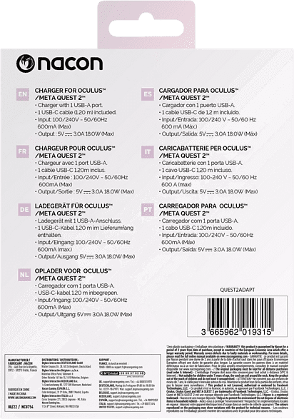 Back of a Nacon Quest 2 charger box. English text and translations in multiple languages are visible.