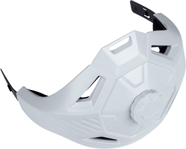 White face mask with a knob and ventilation holes, a black strap, and a black label.