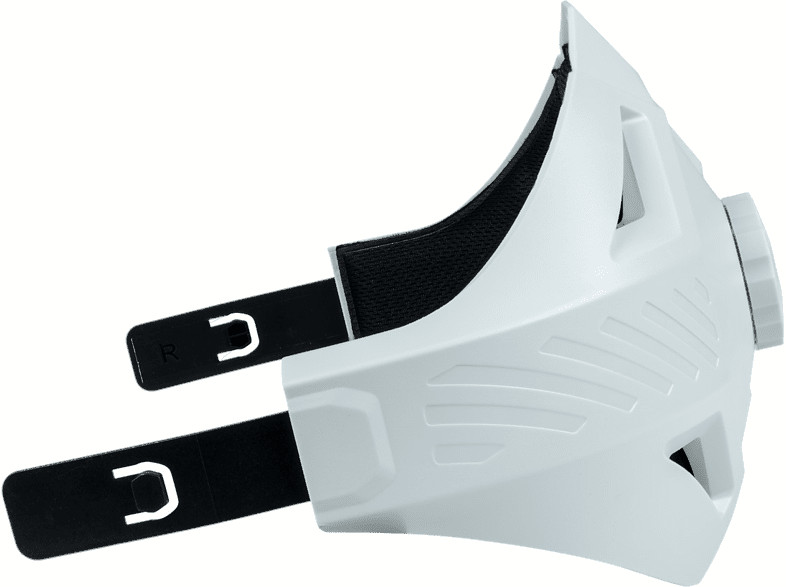 White mask with black straps, designed for exercise or fitness. Features a distinctive shape and design elements.