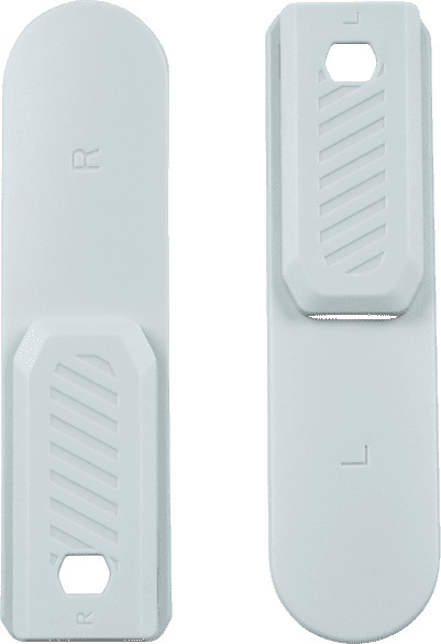 Two white plastic clips, one with an 'R' and the other with an 'L' on them, both with a textured surface.