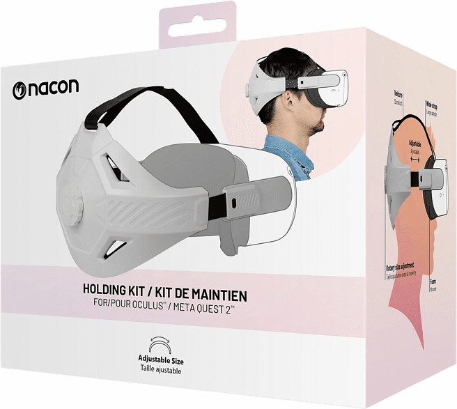 Box for a VR headset. Shows a man wearing the headset. Text indicates holding kit for Oculus Quest 2.