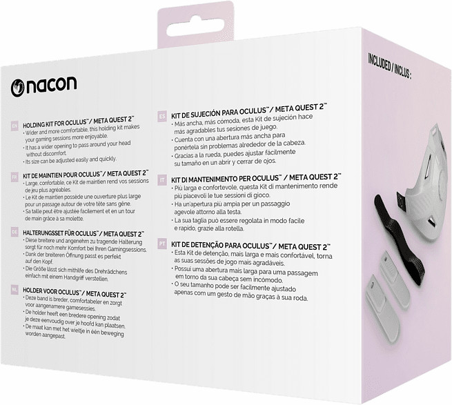 Packaging for Oculus Quest 2 head strap kit. White, black, and grey parts. Text in multiple languages.