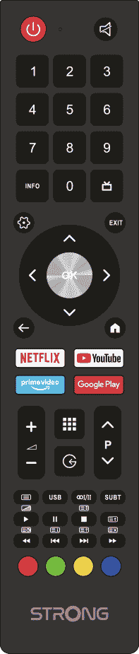 Schwarze Fernbedienung mit nummerierten Tasten, Pfeiltasten und App-Verknüpfungstasten für Netflix und YouTube.