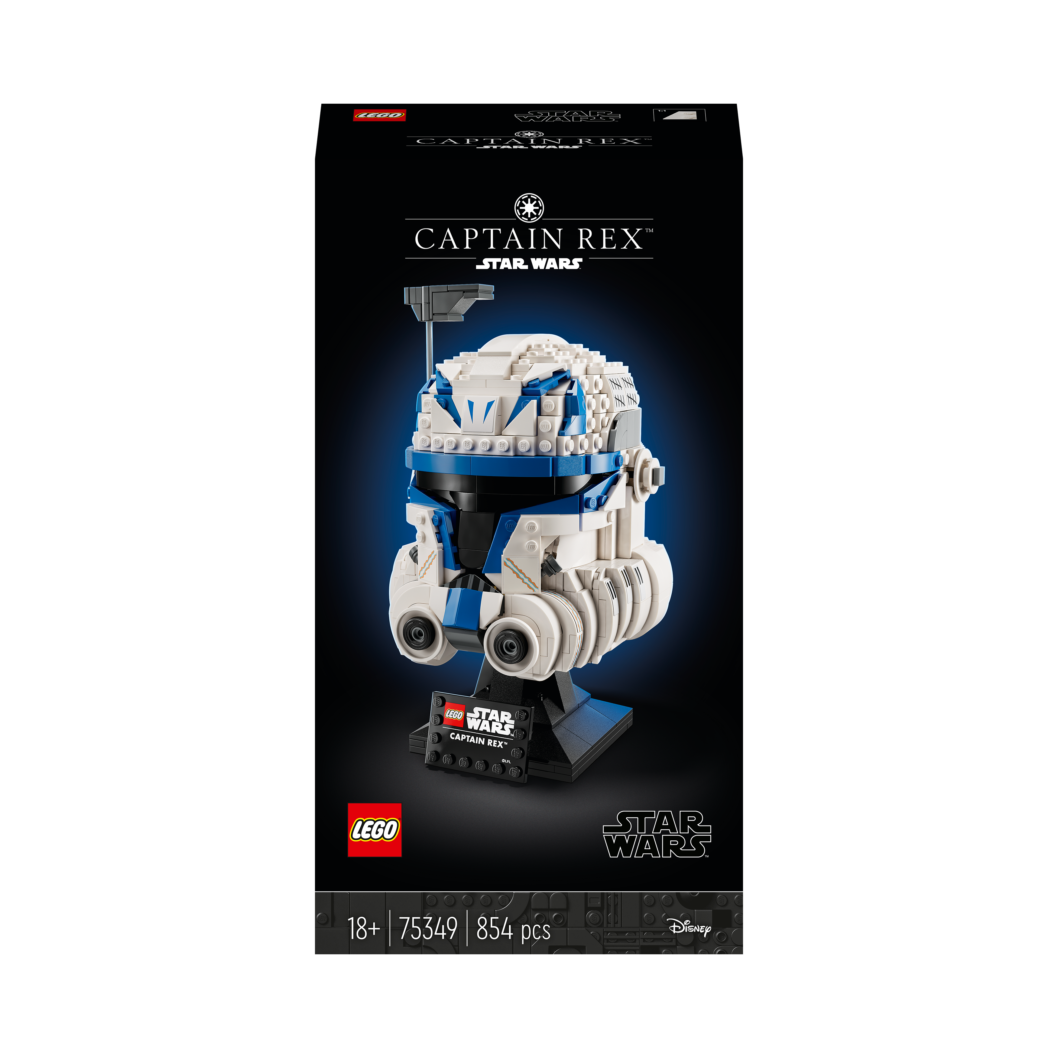 Lego Star Wars Captain Rex Helmbox. Die Box hat Lego- und Star Wars-Logos. Blau-weißer Helm.