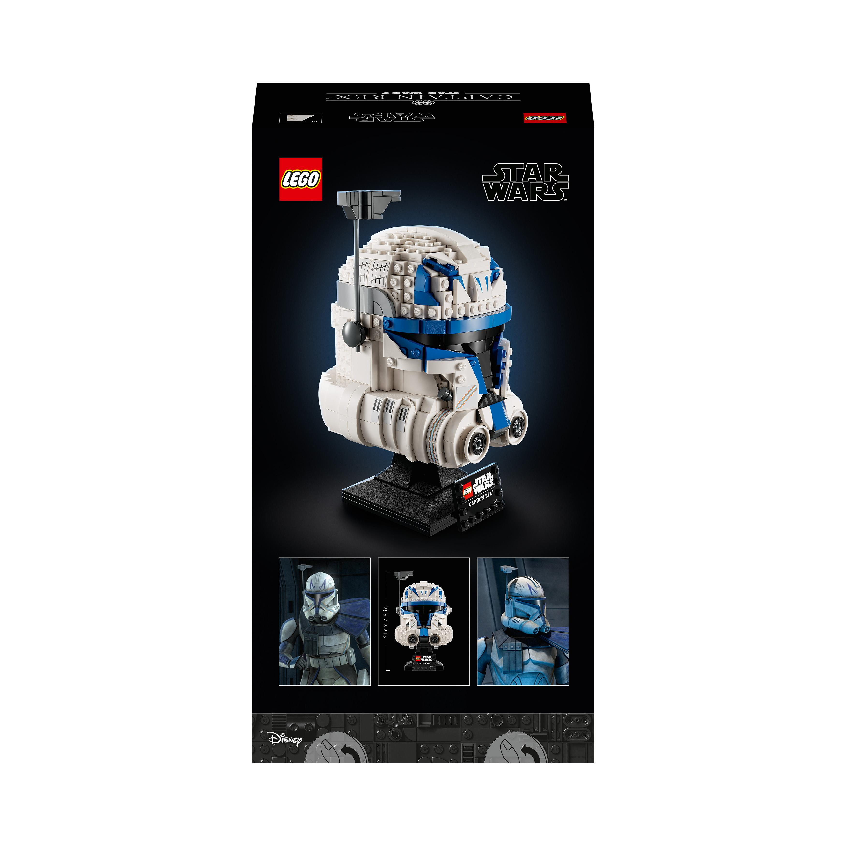 Lego Star Wars Helm-Box mit weiß-blauem Clone Trooper Helm auf einem Ständer.