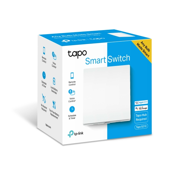 Caja Tapo Smart Switch, blanca con acentos azules, información del producto.