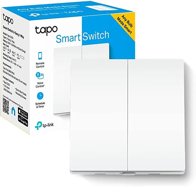 Interruptor inteligente blanco con una caja azul y blanca, mostrando funciones.