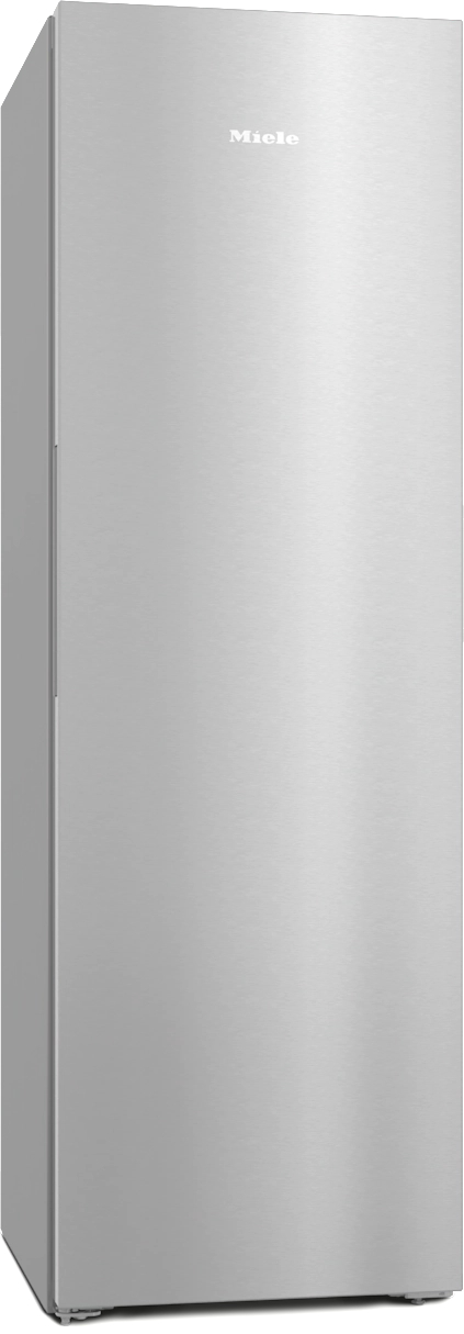 Ein hoher Kühlschrank aus Edelstahl mit dem Wort 'Miele' oben.