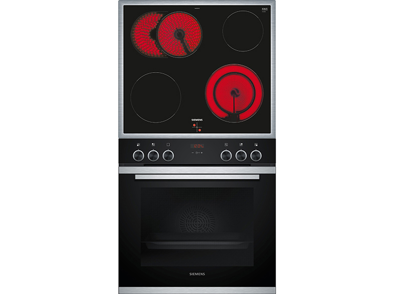 Schwarzes Einbau-Elektrokochfeld und -Backofen mit rot leuchtenden Heizschlangen. Der Backofen hat ein Digitaldisplay.