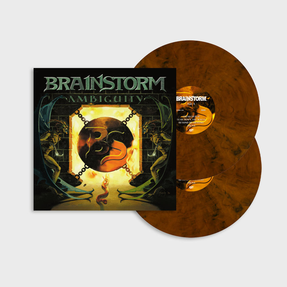 Albumcover mit einem schwarzen und orangefarbenen Design. Im Bild sind zwei Vinyl-Schallplatten zu sehen.