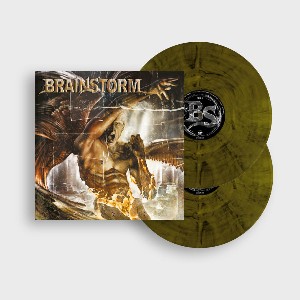 Zwei Vinyl-Schallplatten und Albumcover. Albumtitel ist BRAINSTORM. Das Bild zeigt einen Mann mit Flügeln.