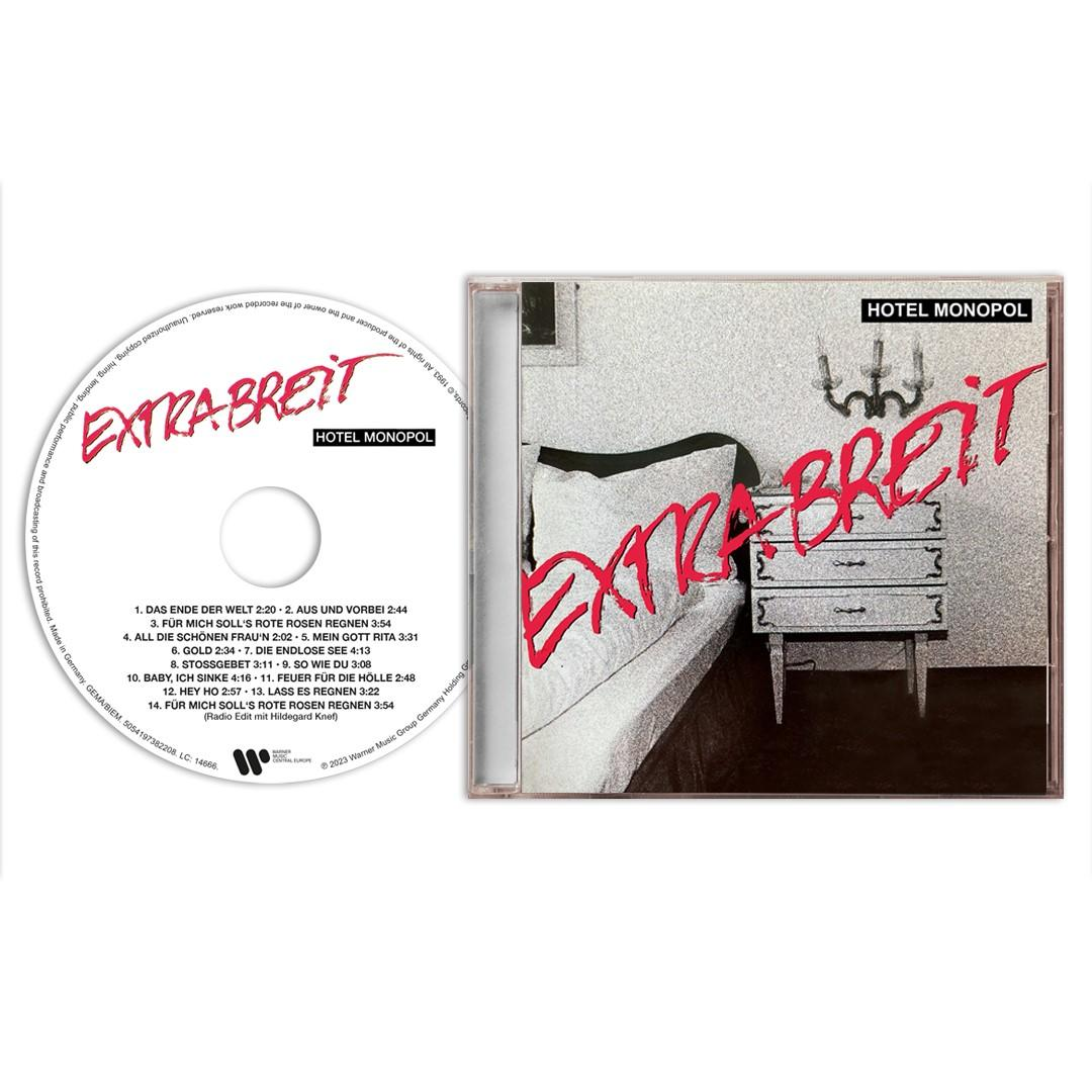 CD-Hülle von "Extra Breit" von Hotel Monopol. Das Cover zeigt ein Bett, einen Nachttisch und den Bandnamen.